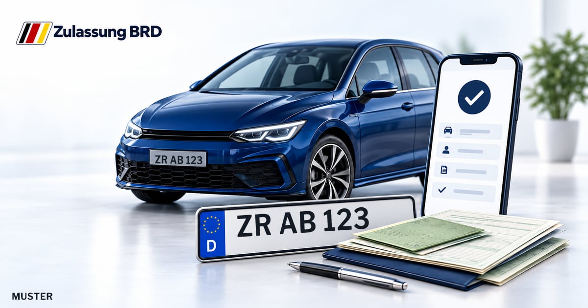 Online Fahrzeugzulassung in Weida: Musterkennzeichen ZR AB 123, Auto und Fahrzeugpapiere und Smartphone. Illustration mit Logo von Zulassung BRD.